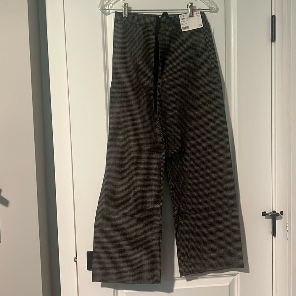 NWT Uniqlo Black Plaid Check Easy Pants Cotton Linen XS Ines De La Fressange
